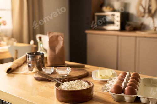 Preview: Baking Ingredients Arranged on Kitchen Counter Preparing Homemade Pastry
