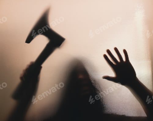 Preview: Woman killer with an axe in her hand. Creepy background