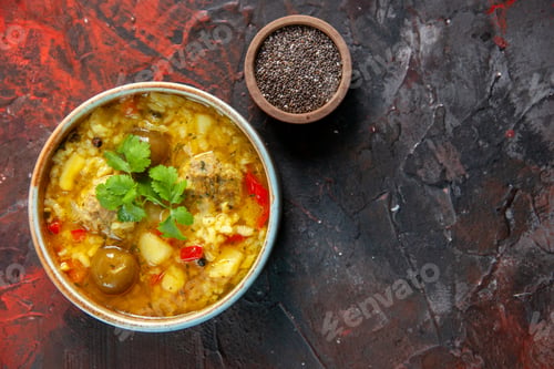 Preview: top view tasty meat soup with potatoes and rice inside little plate on dark surface food cuisine
