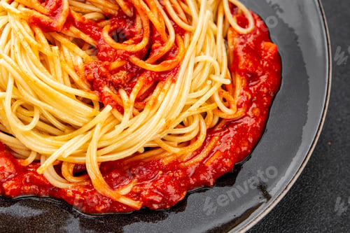 Preview: Spaghetti bolognese pasta tomato sauce tasty fresh delicious gourmet food background table rustic