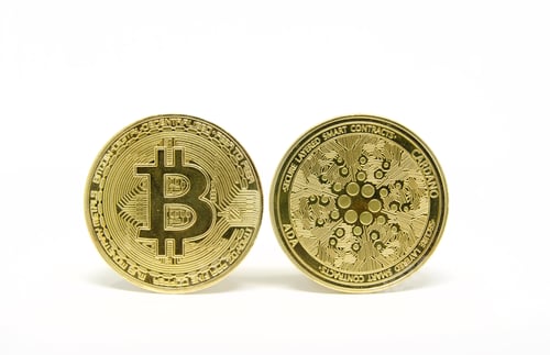 Preview: Bitcoin and cardano coins cryptocurrency trading on white background