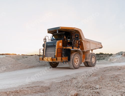 Preview: Large Haul Truck Carrying Minerals in Open Pit Mine at Sunset