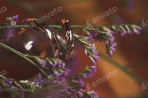 Preview: Wedding jewelry details and nature. Wedding rings on lavender branch closeup.