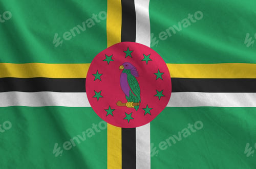 Preview: Dominica flag depicted on folded wavy fabric of old cloth
