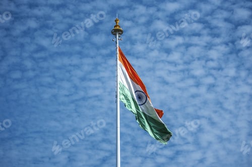 Preview: National Flag of India on a cloudy blue sky
