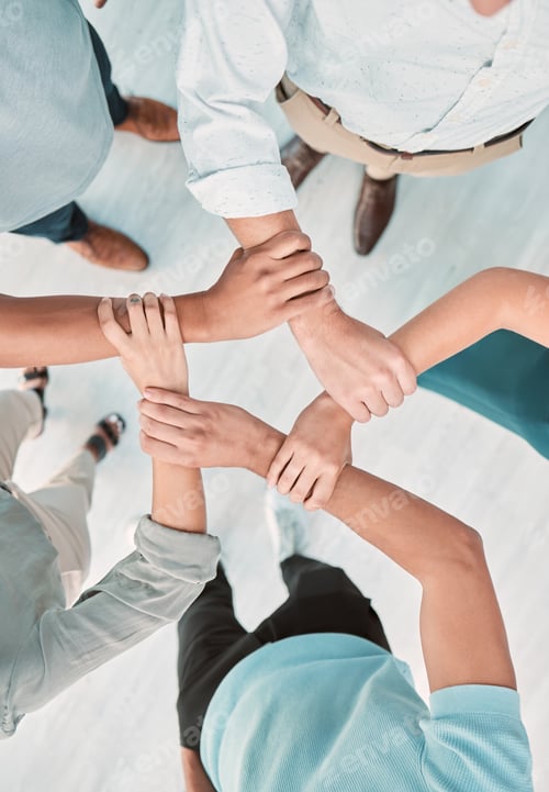 Preview: Business team, hands and teamwork collaboration together in pentagon shape from above. Corporate me