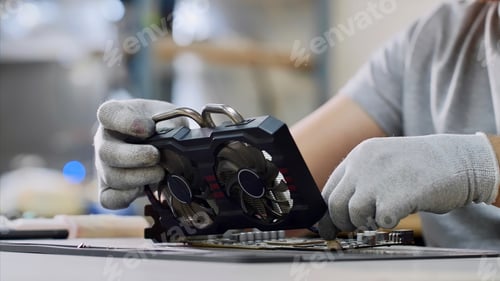 Preview: Repairman is fixing the graphics chipset, close-up