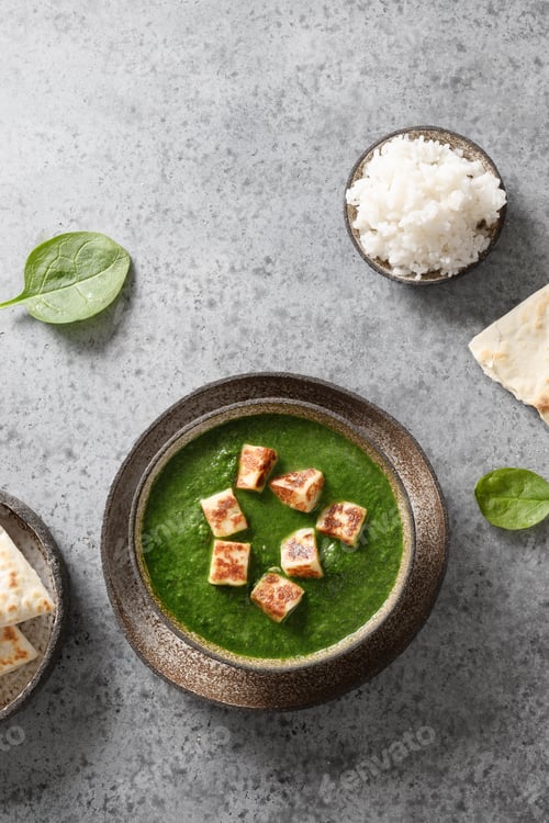 Preview: Palak Paneer made of spinach and paneer cheese on grey stone background. Indian cuisine.