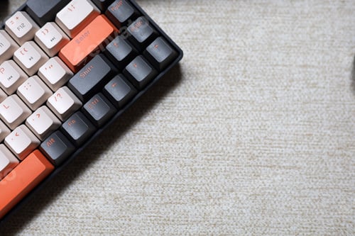 Preview: Modern mechanical keyboard on neutral fabric background with copy space