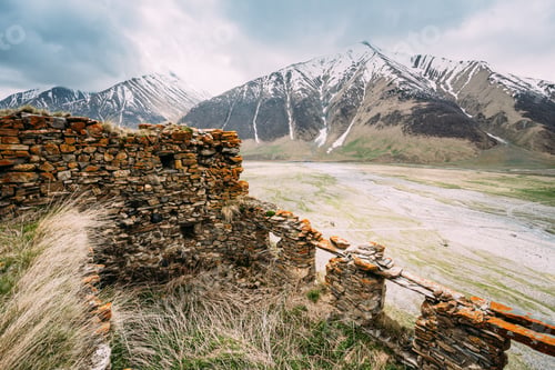 Preview: Fortress On Mountain Background Near Karatkau Village, Kazbegi District, Mtskheta-Mtianeti Region
