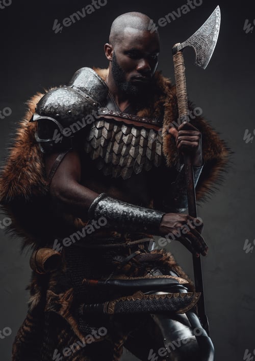 Preview: Northern african chief with fur wielding dual axes in dark background