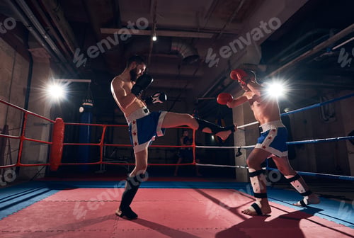 Preview: Boxers training kickboxing in the ring at the health club