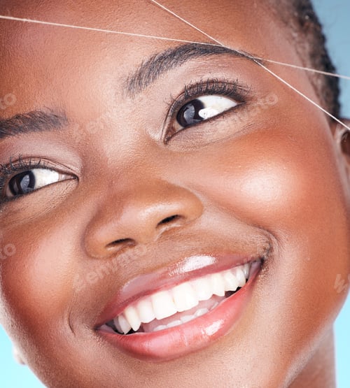 Preview: Thread, eyebrow plucking and beauty of a woman with dermatology, natural makeup and smile. Face of