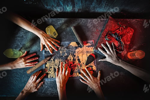 Preview: Top view of hands in quest game. Solving a puzzle during riddle.