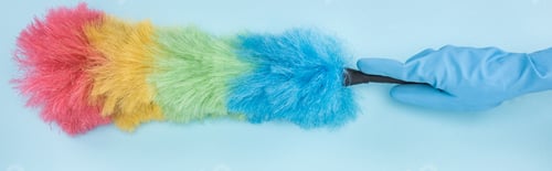 Preview: panoramic shot of cleaner in rubber glove holding rainbow duster on blue background