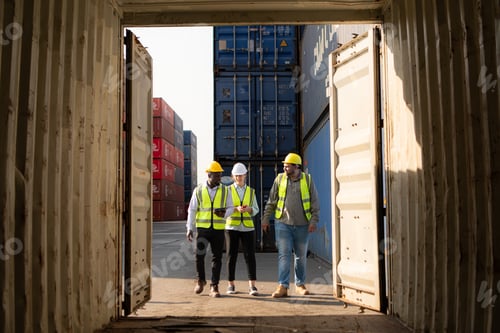Preview: Group of workers in an empty container storage yard,