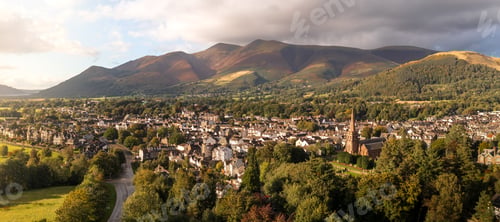 Preview: Aerial view of the lake District town of Keswick with Skiddaw and The Northern Fells