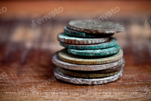 Preview: Stack of different ancient copper coins with patina.