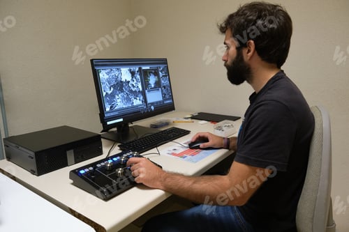 Preview: Young man scientist working with scanning electron microscope