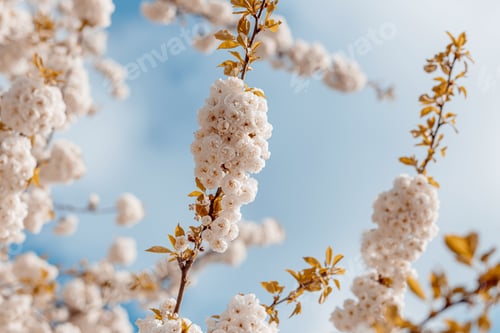Preview: Spring flowered branches on blue sky background.