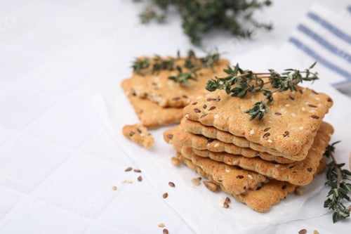 Preview: Cereal crackers with flax, sesame seeds and thyme on white tiled table, closeup. Space for text
