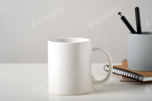 Preview: Mockup of a white mug on a table in a minimalist interior