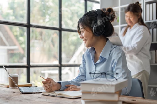 Preview: Smiling cute stylish female student, studying remotely from library, using a laptop, taking notes