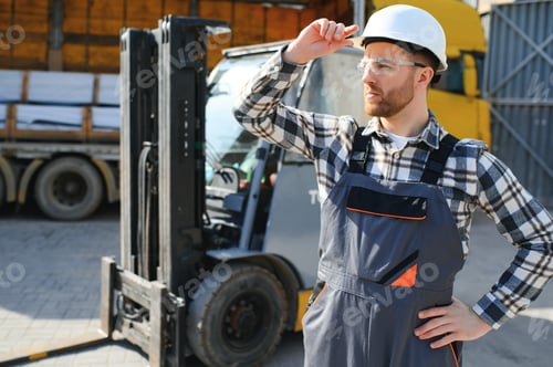 Preview: Portrait of heavy industry forklift driver giving thumbs up and smiling