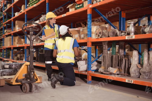 Preview: Young man and woman working together in warehouse,