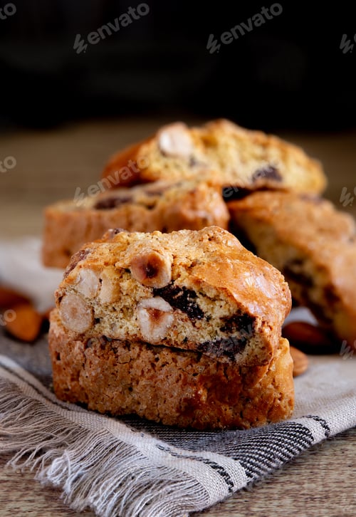 Preview: Stacked Biscotti with Nuts on Striped Napkin