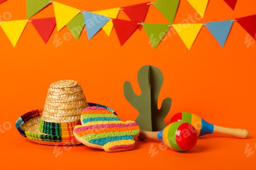 Preview: Mexican maracas, cactus and sombrero on color background