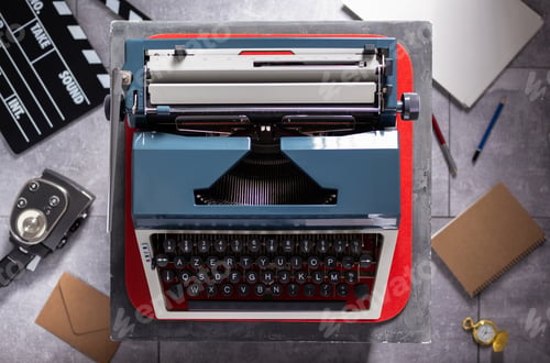 Preview: Vintage typewriter at table and relax creative concept design. Movie and screenwriter concept