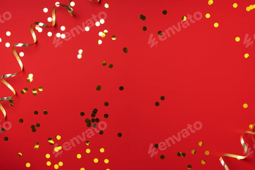 Preview: Golden confetti on red background with light bokehs. Happy new year celebration party. Greetings and