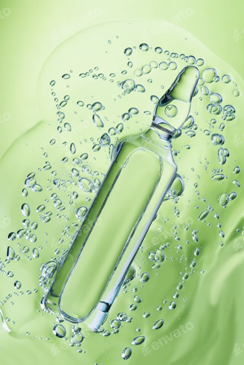Preview: Aloe vera and gel cosmetic texture in glass bottle ampoule on blue bubbles background