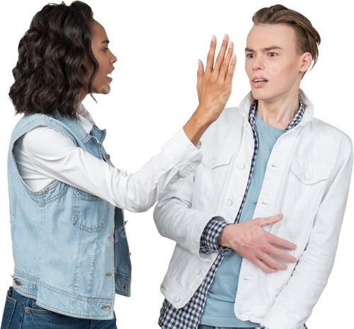 Preview: two women in denim jackets talking to each other