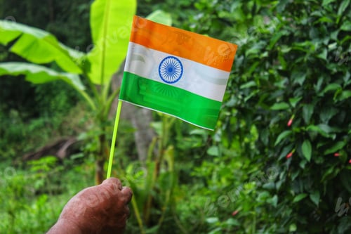 Preview: Closeup of the flag of India on a small stick being held by a person