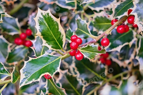 Preview: Natural holly leaves and berry background. Christmas and New year pattern, leaf texture