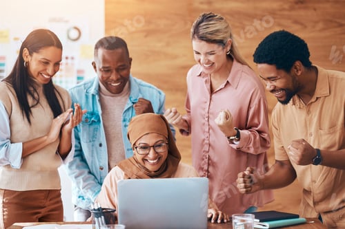 Preview: Fist pump, laptop and business people success, office celebration and startup achievement online of