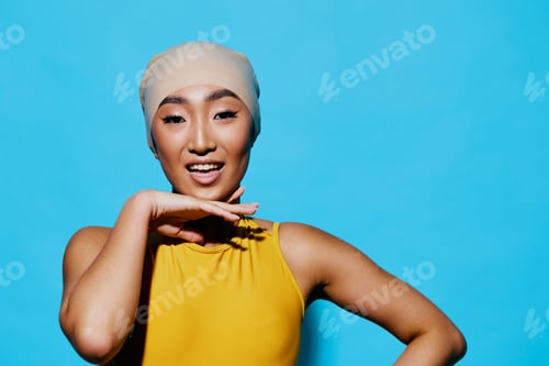 Preview: Woman black smile beauty yellow trendy fashion surprised portrait female blue happiness lifestyle