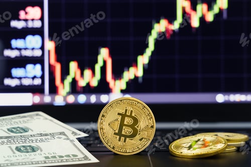 Preview: Bitcoin coin on keyboard computer with market price chart background