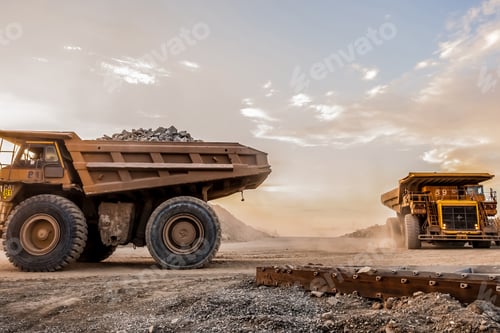 Preview: Trucks loaded with crushed rock fragments for transporting in platinum mining open pit, South Africa