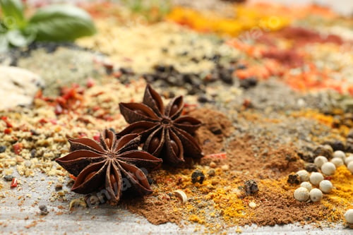 Preview: Many different spices on table, closeup view