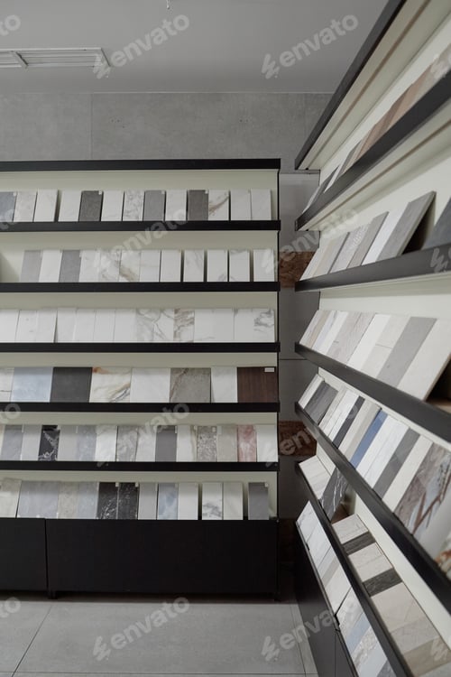 Preview: Ceramic Tile Samples Displayed on Shelves in Modern Interior Showroom