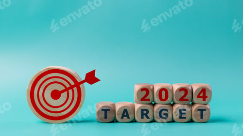 Preview: Business target and dartboard with the word Target 2024 on blue background.