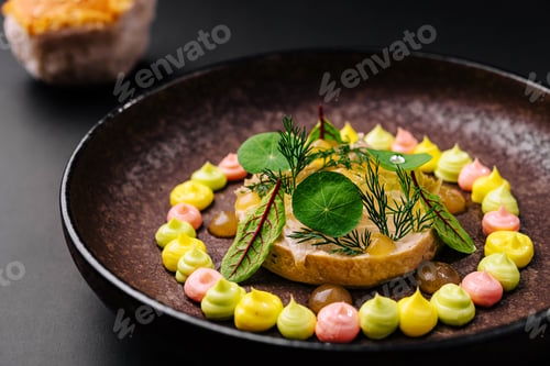 Preview: Colorful gourmet dish with vibrant sauces and fresh greens served elegantly