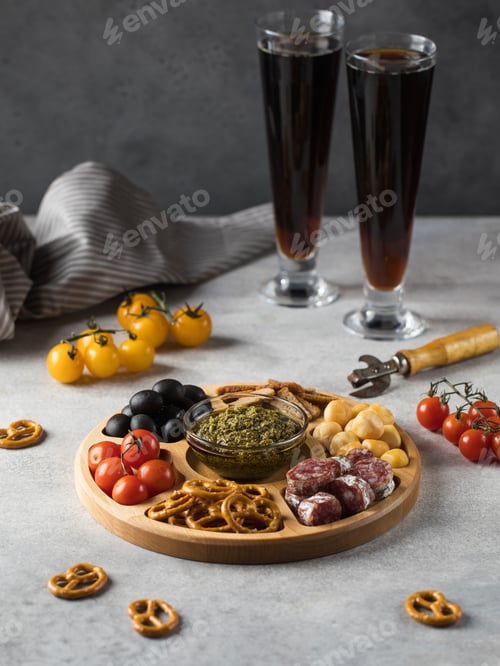Preview: Wooden menagerie with beer snacks. A plate with assorted sausages, cheese, crackers.
