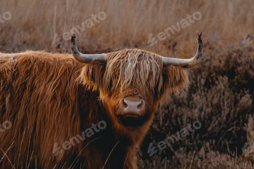 Preview: Highland cow in a grassy area with bushes providing a scenic backdrop
