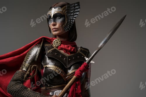 Preview: Tattooed ancient amazon with red cloak wielding spear