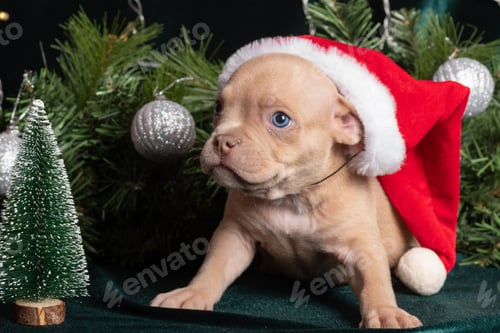 Preview: Little cute curious brown puppy in a Santa hat looking at you next to a decorated Christmas tree.