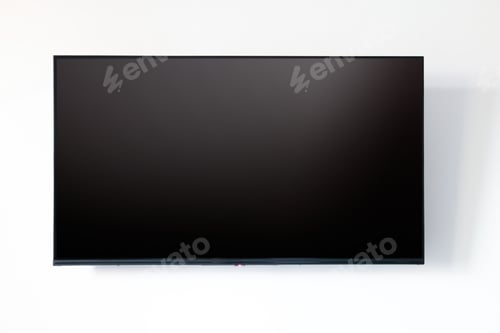 Preview: TV blank flat screen on white wall background. Black empty television display front view, copy space